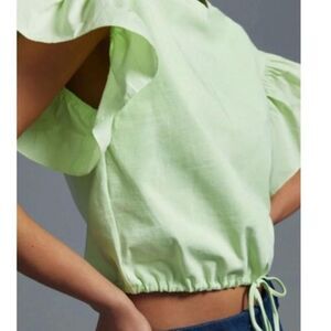 ANTHROPOLOGIE Maeve English Factory Green Ruffled Drop Shoulder